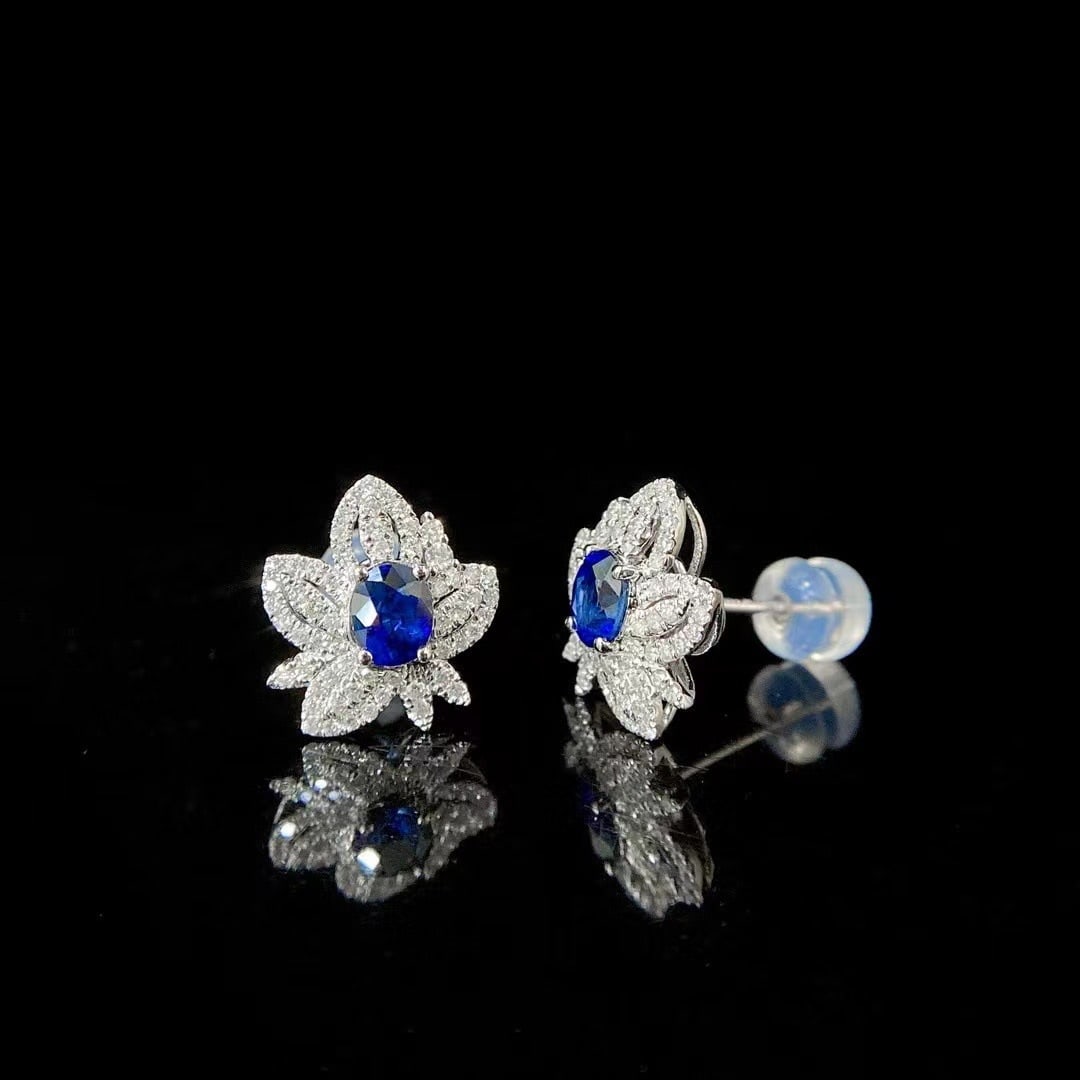 14k Gold 1.43 Ctw Vivid Blue Natural Sapphire & Diamond Earrings - 3