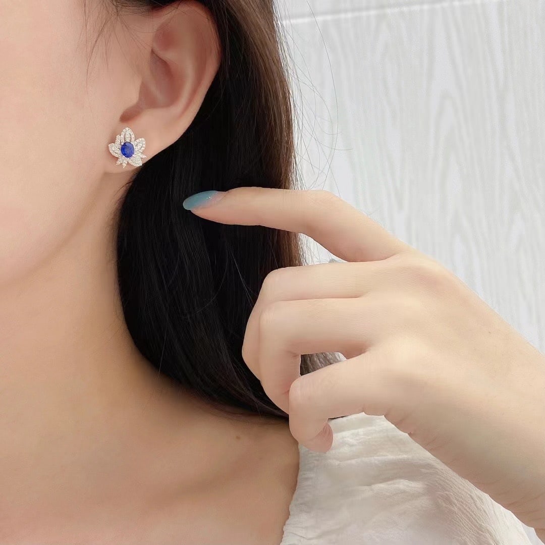 14k Gold 1.43 Ctw Vivid Blue Natural Sapphire & Diamond Earrings - 4
