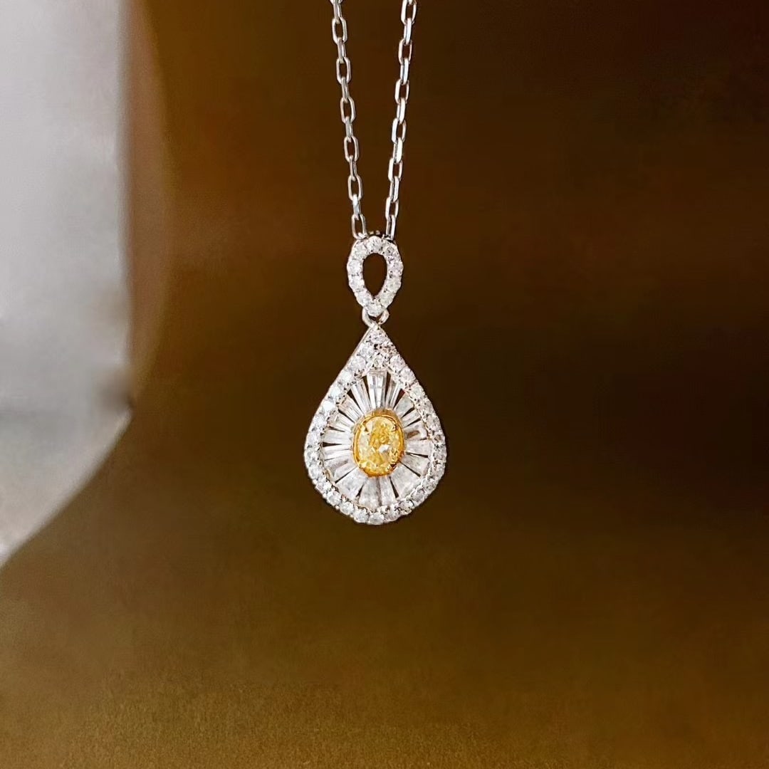 14k Gold 0.40 Ctw Natural Yellow Diamond & Diamond Pendant( Without Chain ): Ref:230971154 // gold content:14k gold // main gemstone:yellow diamond // shape:oval // carat weight:0. 11ct // color:yellow // treatment:natural // // adjacent gemstone 2 : diamond // shape:multiply 
