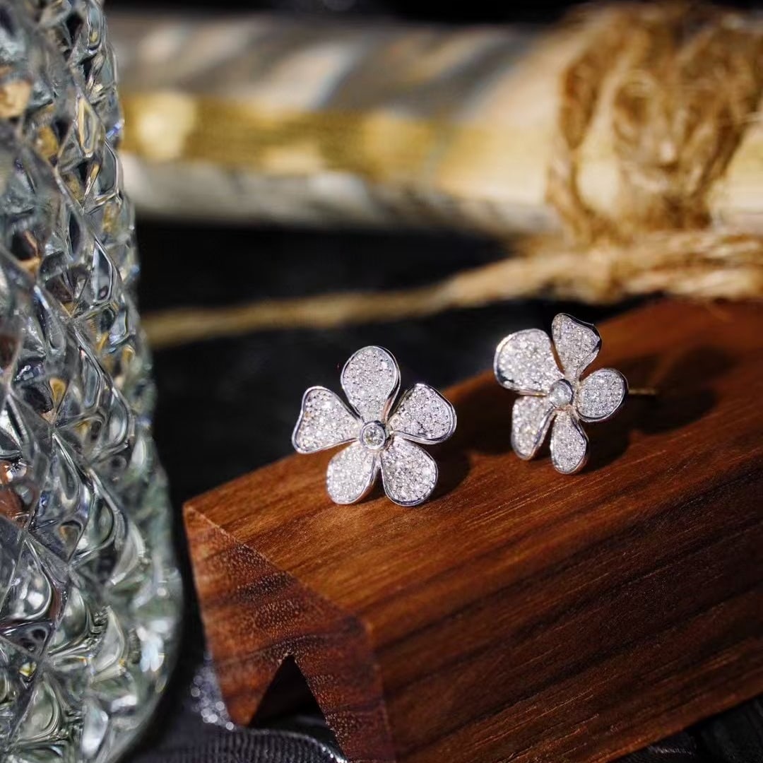 14k Gold 0.5 Ct Natural H Diamond & Flowers Earrings - 4