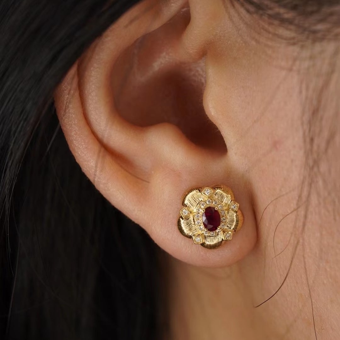 14k Gold 0.54 Ctw Natural Ruby & Diamond Earrings - 2