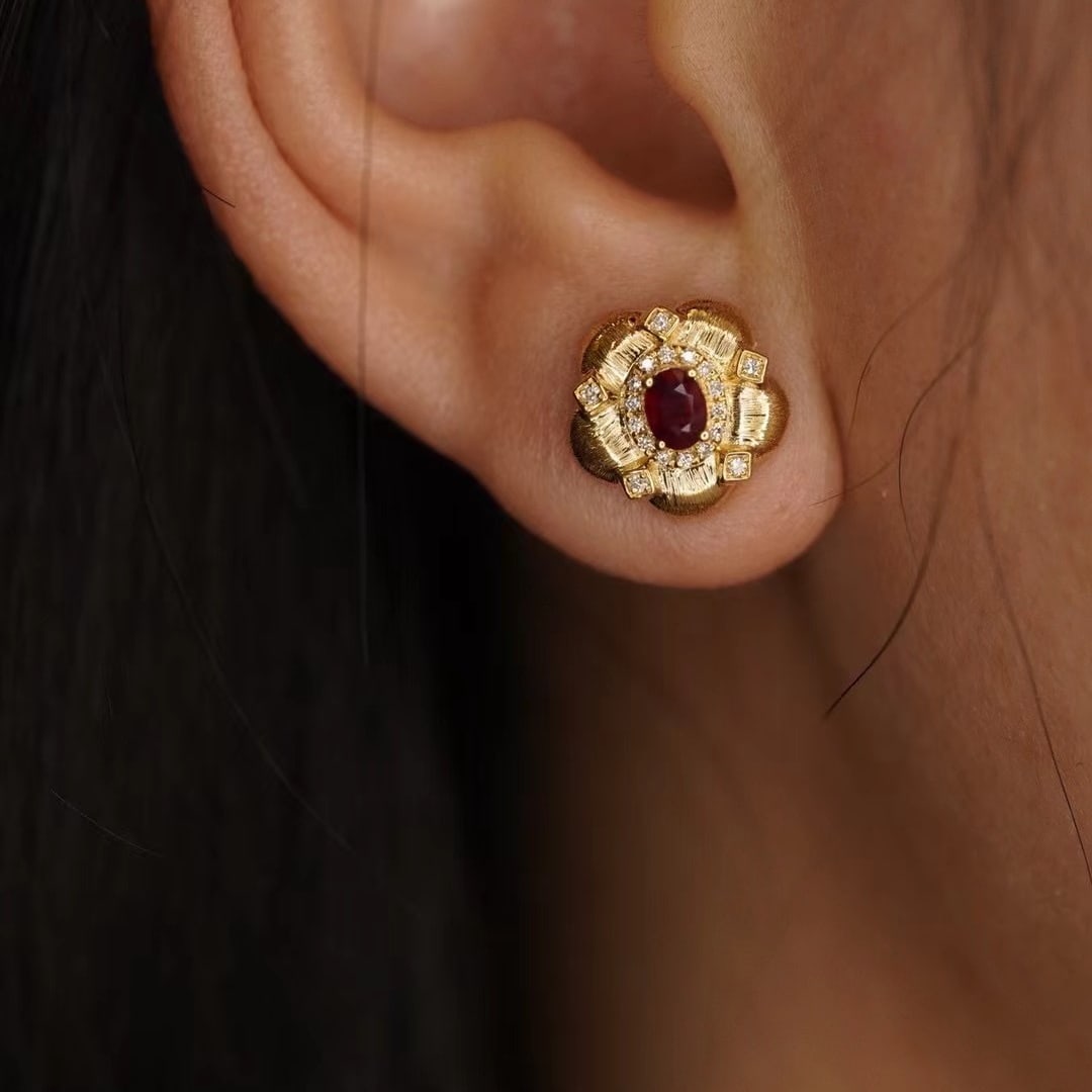 14k Gold 0.54 Ctw Natural Ruby & Diamond Earrings - 3