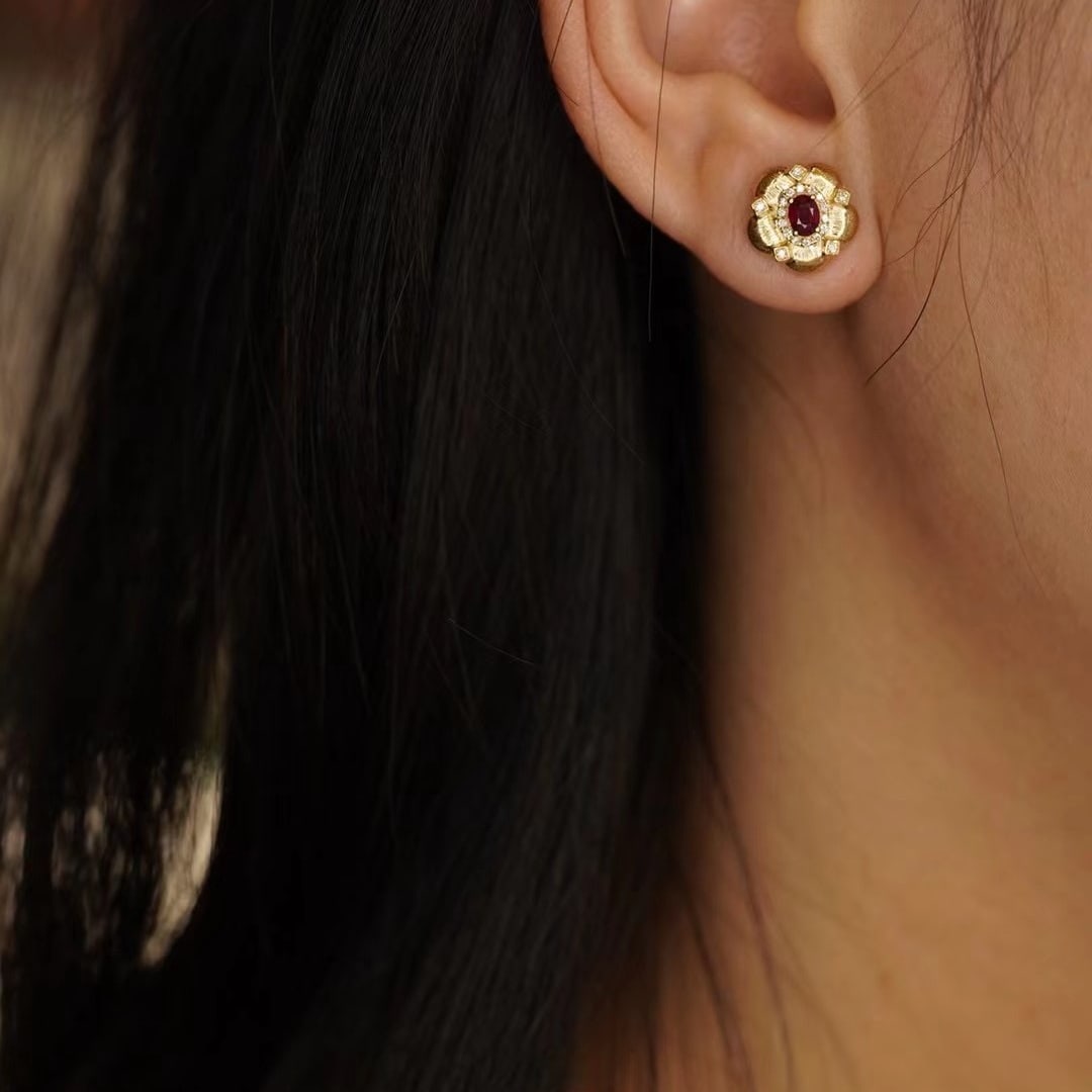 14k Gold 0.54 Ctw Natural Ruby & Diamond Earrings - 4