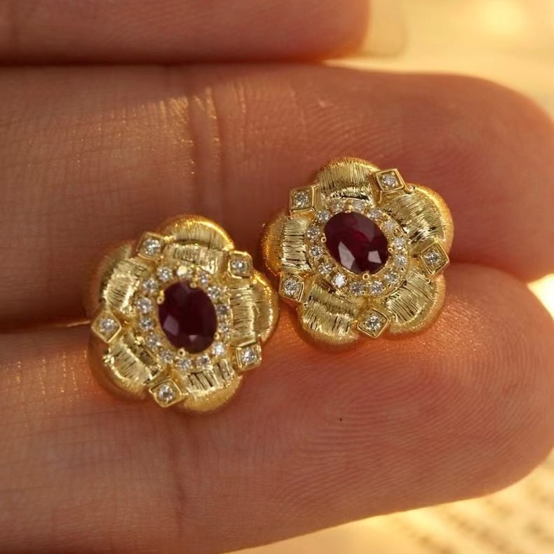 14k Gold 0.54 Ctw Natural Ruby & Diamond Earrings - 5
