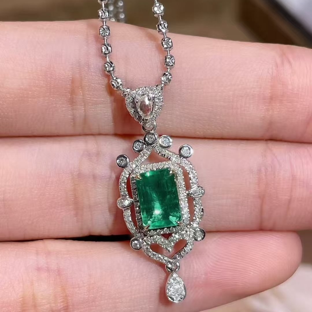 14k Gold 1.09 Ct Vivid Green Natural Emerald & Sapphire & Diamond Pendant( Without Chain ) - 2
