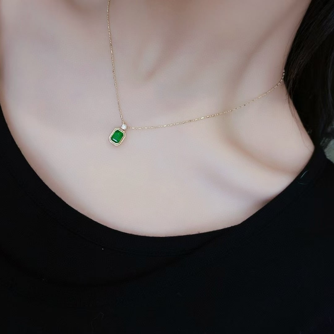 14k Gold 1.09 Ctw Vivid Green Natural Emerald & Diamond Necklace - 2