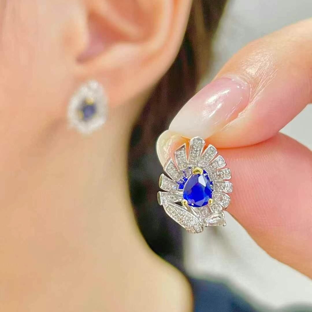 14k Gold 0.62 Ct Natural Sapphire & Diamond Earrings - 5