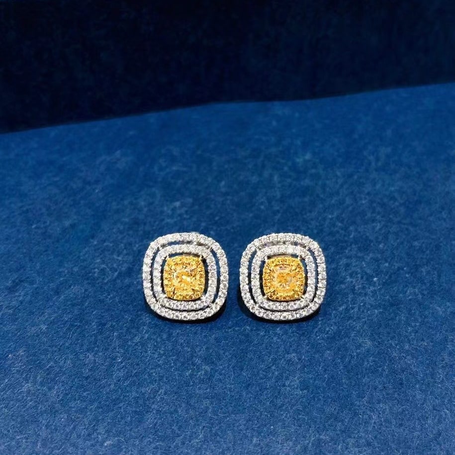 14k Gold 1.55 Ctw Natural Yellow Diamond & Diamond Earrings: Ref:230971210 // gold content:14k gold // main gemstone:yellow diamond // shape:cushion // carat weight:0. 76ct // color:yellow // treatment:natural // // adjacent gemstone 2 : diamond // shape:round