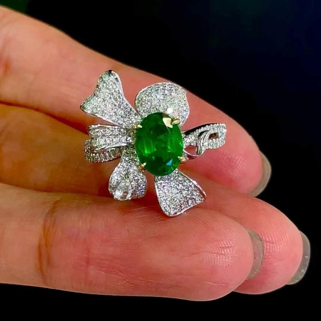 14k Gold 1.39 Ct Vivid Green Natural Emerald & Diamond & Sapphire Ring - 6