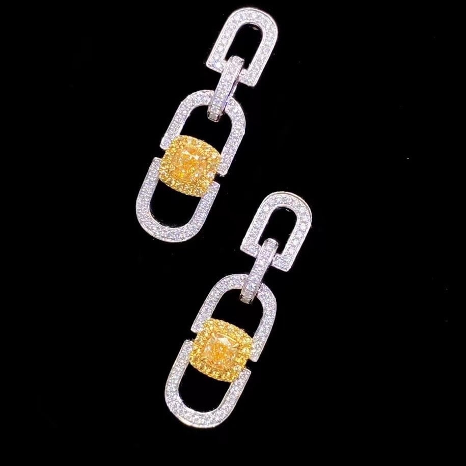 14k Gold 1.18 Ctw Natural Yellow Diamond & Diamond Earrings: Ref:230971204 // gold content:14k gold // main gemstone:yellow diamond // shape:cushion // carat weight:0. 70ct // color:yellow // treatment:natural // // adjacent gemstone 2 : diamond // shape:round