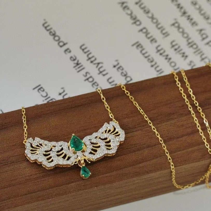 14k Gold 0.93 Ct Natural Emerald & Diamond Necklace - 2