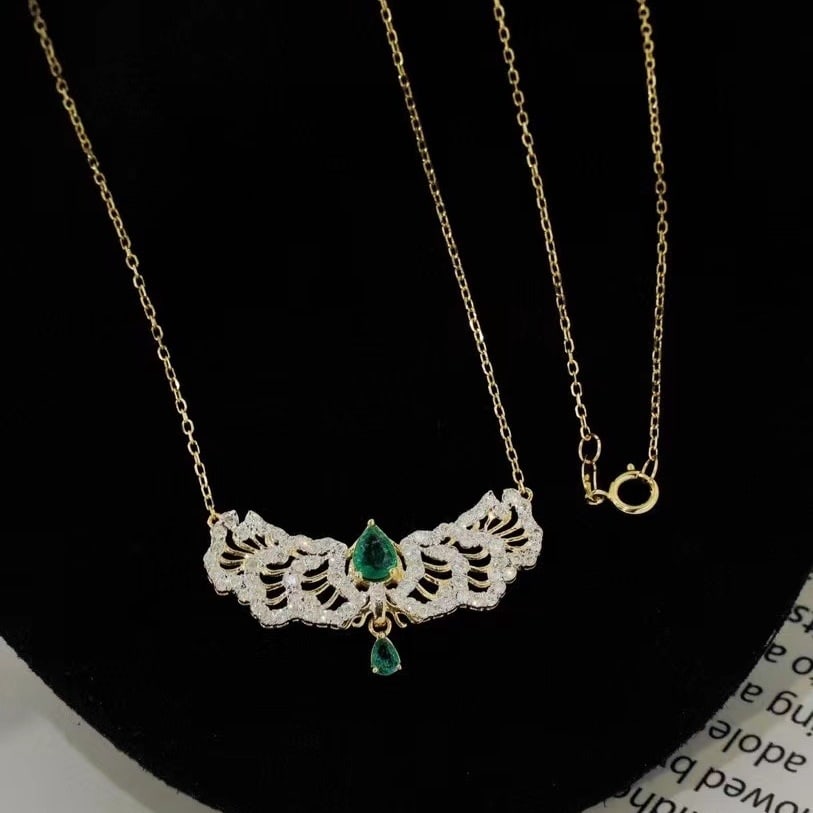 14k Gold 0.93 Ct Natural Emerald & Diamond Necklace - 3