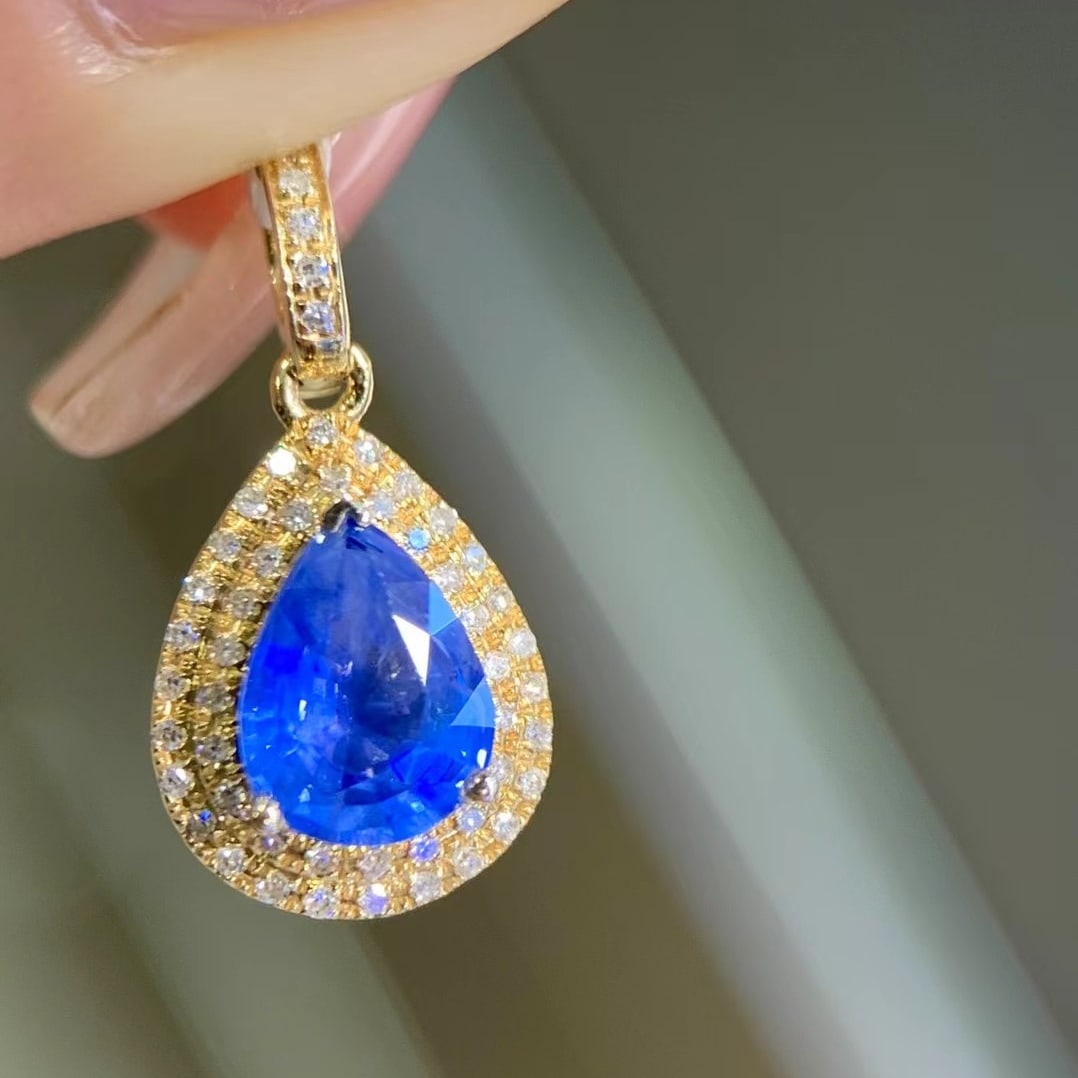 14k Gold 1.2 Ct Natural Sapphire & Diamond Pendant( Without Chain ) - 2