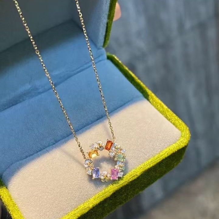 14k Gold 0.55 Ctw Natural Sapphire & Diamond Necklace: Ref:230971237 // gold content:14k gold // main gemstone:sapphire // shape:octagonal // carat weight:0. 5ct // color:color // treatment:natural // // adjacent gemstone 2 : diamond // shape:round //