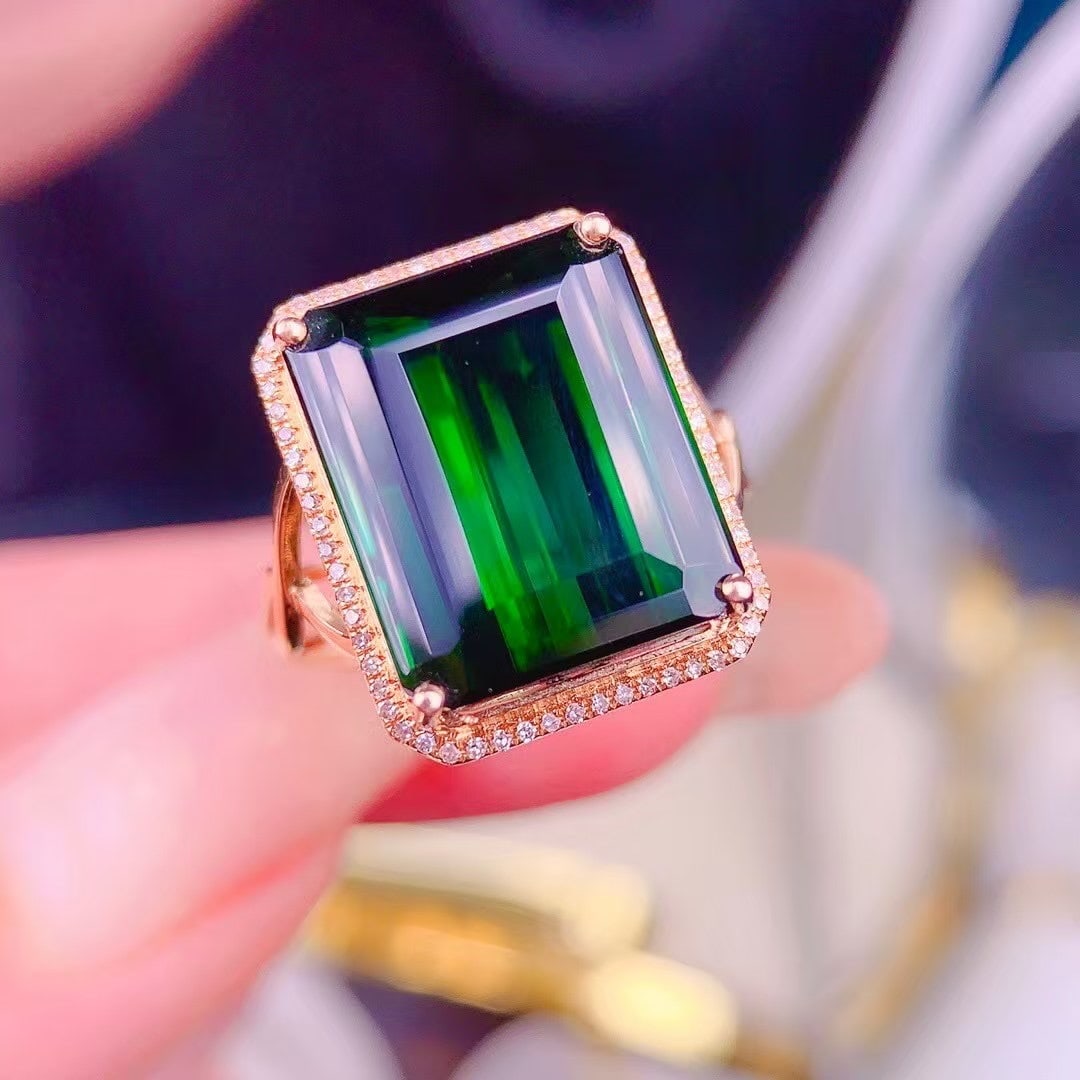 14k Gold 14 Ct Natural Tourmaline & Diamond Ring - 3