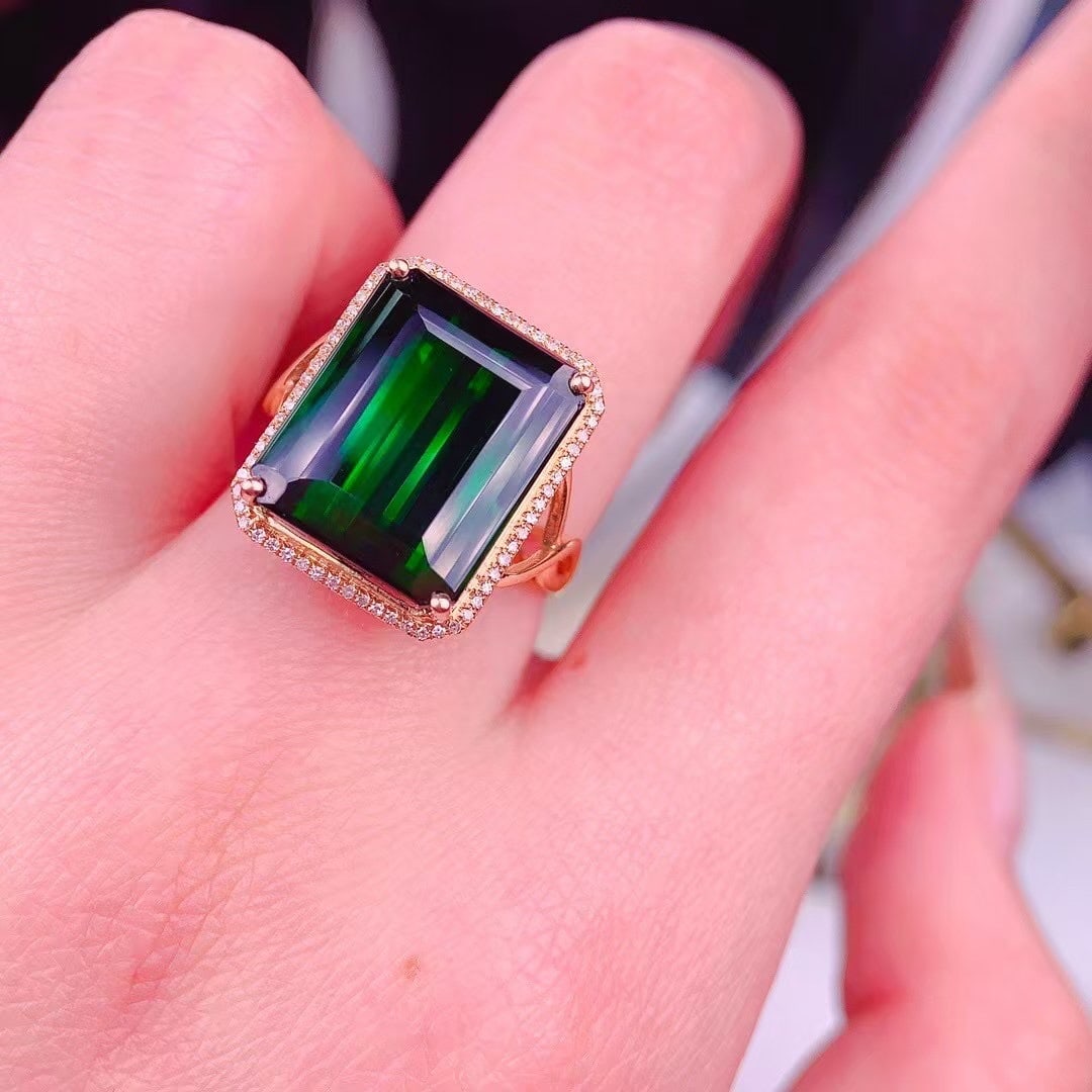 14k Gold 14 Ct Natural Tourmaline & Diamond Ring - 6