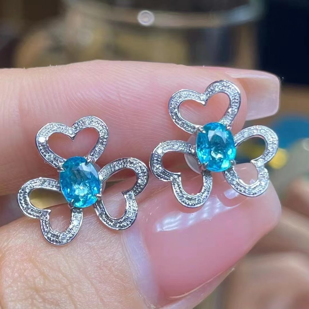14k Gold 0.96 Ct Natural Paraiba Tourmaline & Diamond Earrings - 3