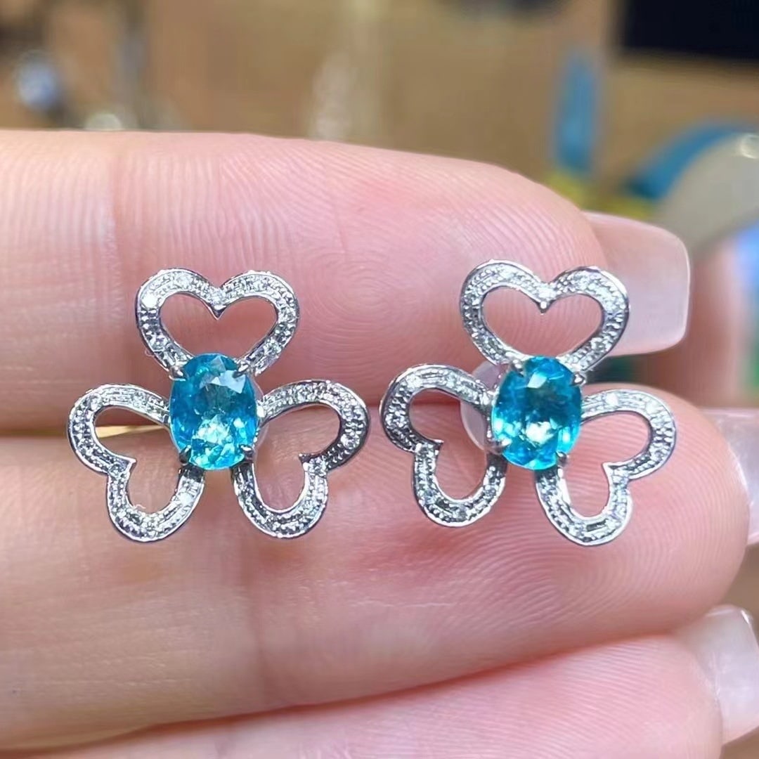 14k Gold 0.96 Ct Natural Paraiba Tourmaline & Diamond Earrings - 5