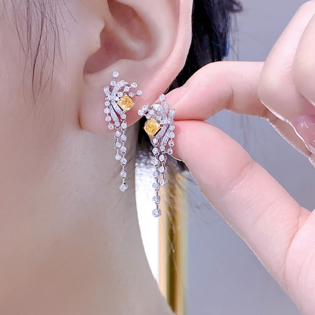 14k Gold 1.11 Ctw Natural Yellow Diamond & Diamond Earrings - 5