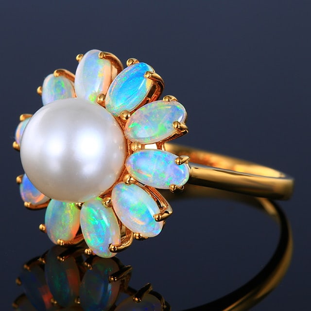 14k Gold 5.41 Ctw Natural Opal & Pearl Ring - 2