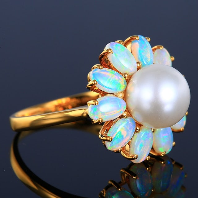 14k Gold 5.41 Ctw Natural Opal & Pearl Ring - 3