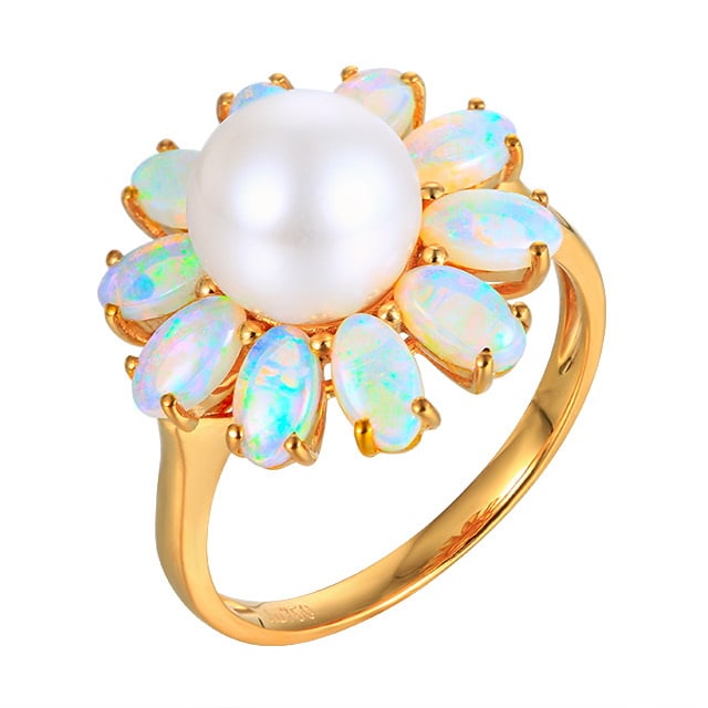 14k Gold 5.41 Ctw Natural Opal & Pearl Ring - 5