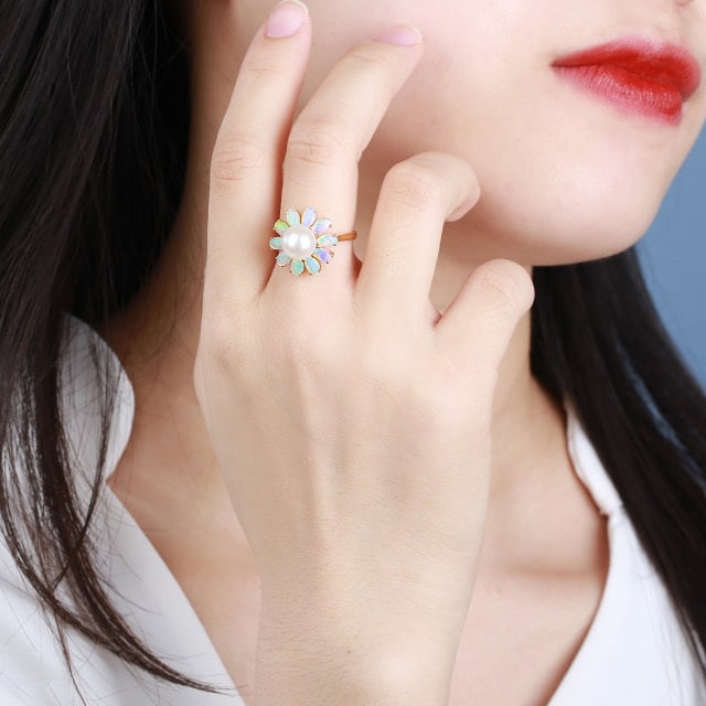 14k Gold 5.41 Ctw Natural Opal & Pearl Ring - 6