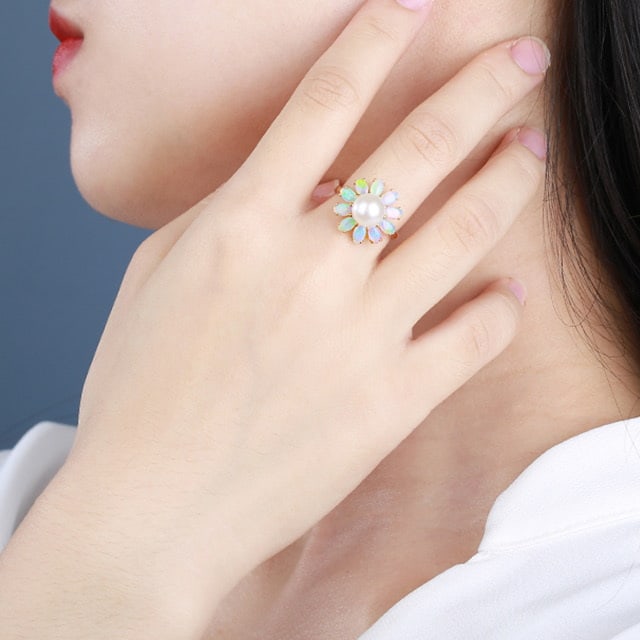 14k Gold 5.41 Ctw Natural Opal & Pearl Ring - 7