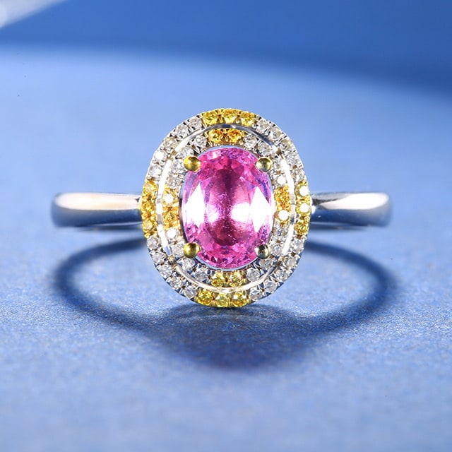 14k Gold 1.25 Ctw Natural Padparadscha Sapphire & Diamond Ring: Ref:230972071 // gold content:14k gold // ring size:7. 25us // // main gemstone:padparadscha sapphire // shape:oval // carat weight:1. 08ct // color:orangish pink // treatment:natural // // adjacent