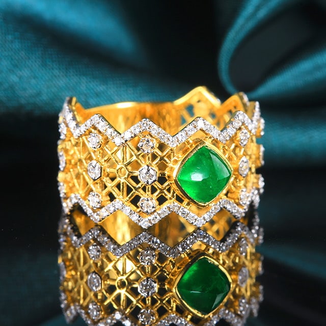 14k Gold 1.33 Ctw Vivid Green Natural Emerald & Diamond Ring - 2