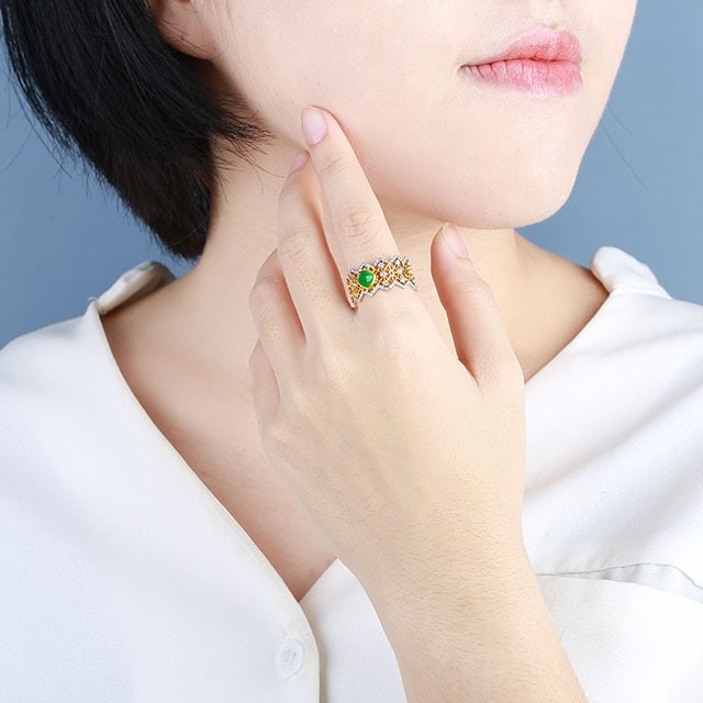 14k Gold 1.33 Ctw Vivid Green Natural Emerald & Diamond Ring - 6