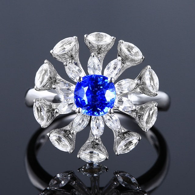 14k Gold 2.35 Ctw Natural Sapphire & Sapphire Ring: Ref:230972048 // gold content:14k gold // ring size:7. 25us // // main gemstone:sapphire // shape:cushion // carat weight:1. 1ct // color:cornflower blue // treatment:natural // // adjacent gemstone