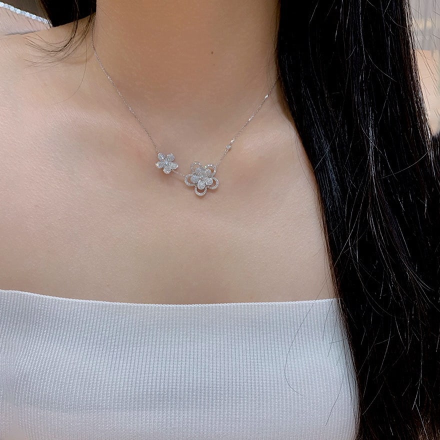 14k Gold 0.85 Ct Natural H Diamond & Flowers Necklace - 4