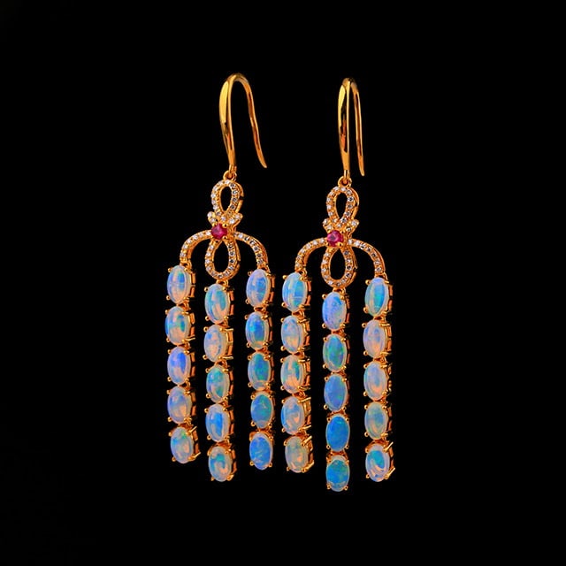 14k Gold 4.40 Ctw Natural Opal & Diamond Earrings - 2