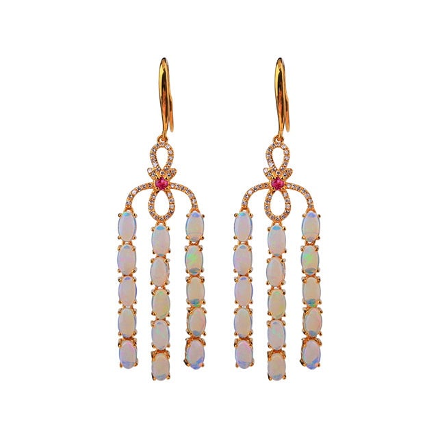 14k Gold 4.40 Ctw Natural Opal & Diamond Earrings - 5