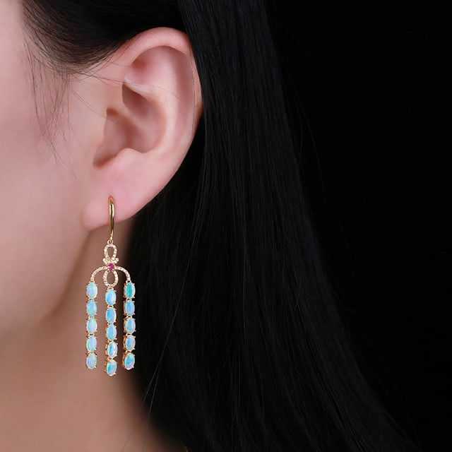 14k Gold 4.40 Ctw Natural Opal & Diamond Earrings - 6