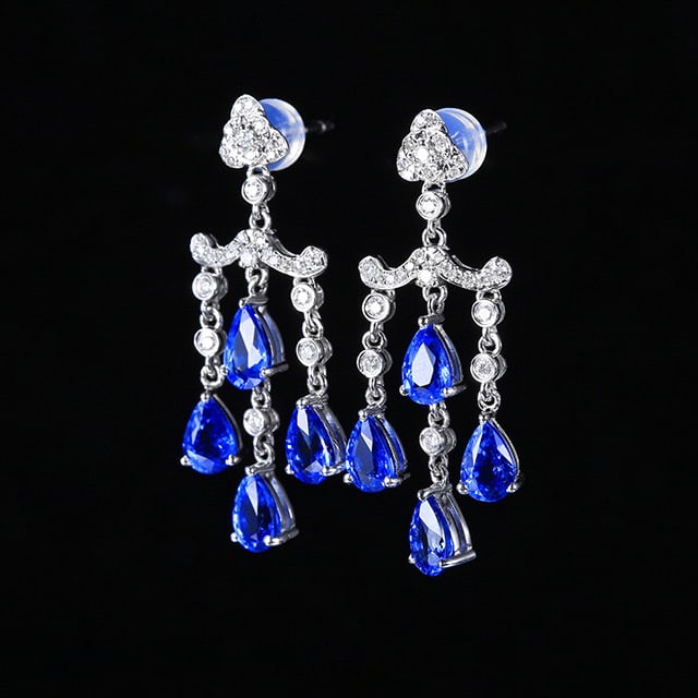 14k Gold 4.47 Ctw Natural Sapphire & Diamond Earrings - 2