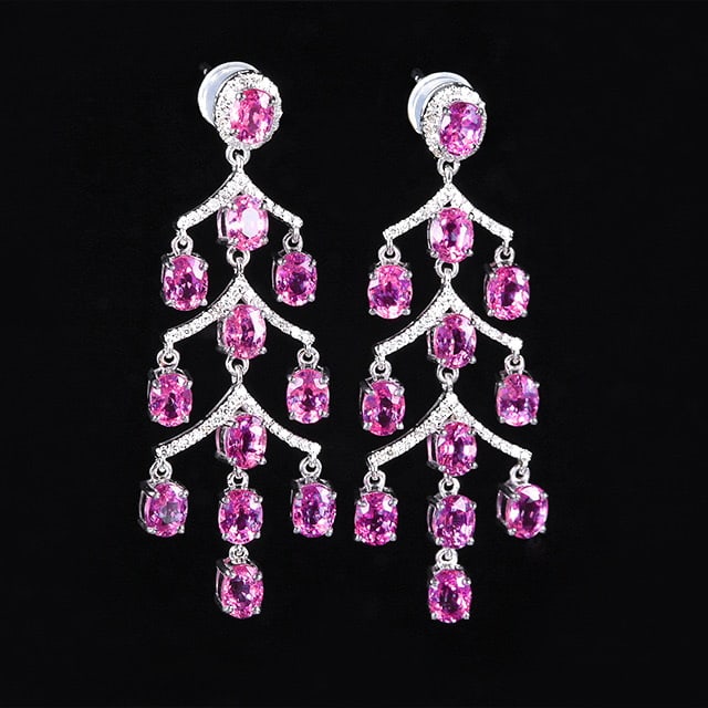 14k Gold 7.56 Ctw Natural Padparadscha Sapphire & Diamond Earrings - 2