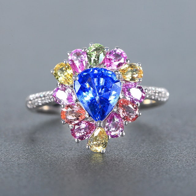 14k Gold 1.17 Ctw Natural Sapphire & Diamond Ring: Ref:230972116 // gold content:14k gold // ring size:7. 25us // // main gemstone:sapphire // shape:pear // carat weight:1. 08ct // color:cornflower blue // treatment:natural // // adjacent gemstone 2