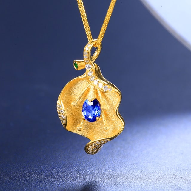 14k Gold 0.59 Ctw Natural Sapphire & Diamond Pendant( Without Chain ) - 2