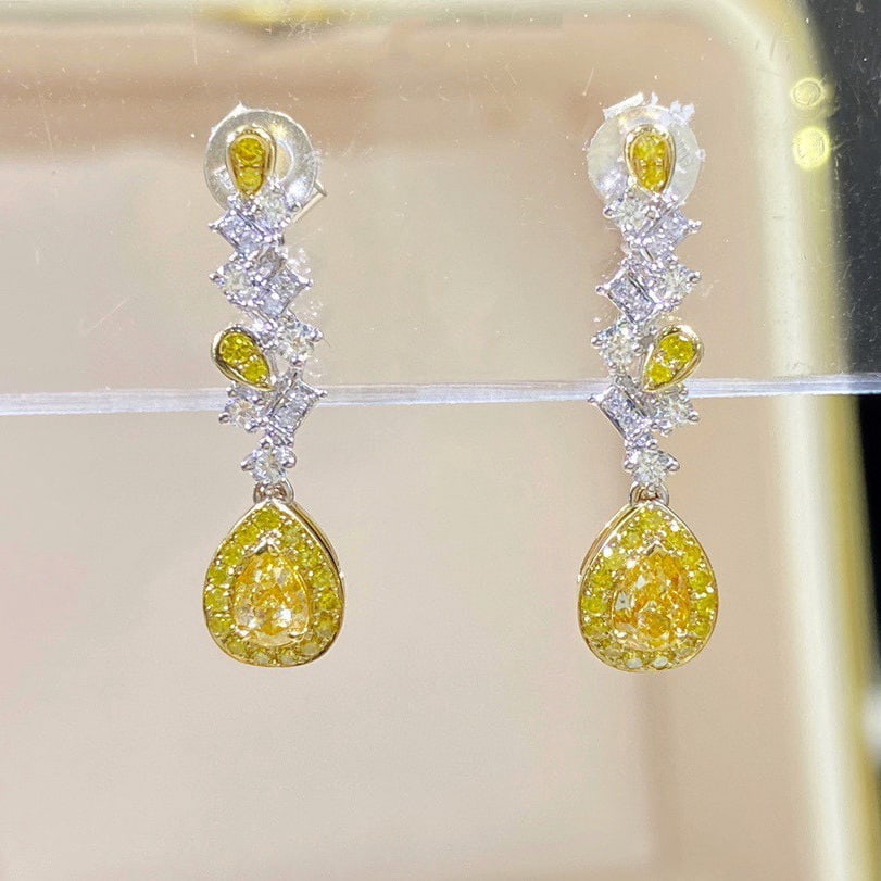 14k Gold 0.70 Ctw Natural Yellow Diamond & Diamond Earrings - 3