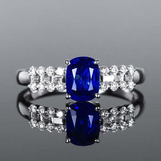 14k Gold 1.46 Ctw Natural Sapphire & Diamond Ring: Ref:230972173 // gold content:14k gold // ring size:7. 25us // // main gemstone:sapphire // shape:cushion // carat weight:1. 22ct // color:royal blue // treatment:natural // // adjacent gemstone 2 :