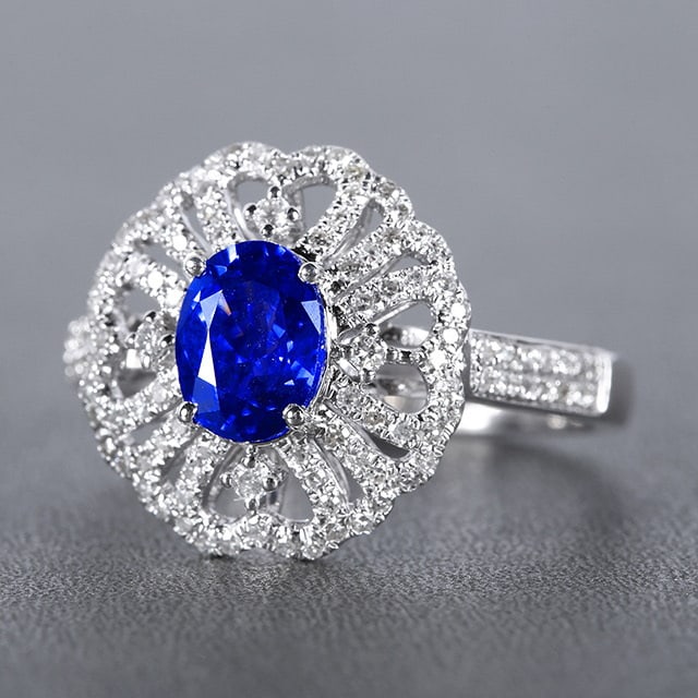 14k Gold 1.54 Ctw Natural Sapphire & Diamond Ring: Ref:230972174 // gold content:14k gold // ring size:7. 25us // // main gemstone:sapphire // shape:oval // carat weight:1. 18ct // color:cornflower blue // treatment:natural // // adjacent gemstone 2