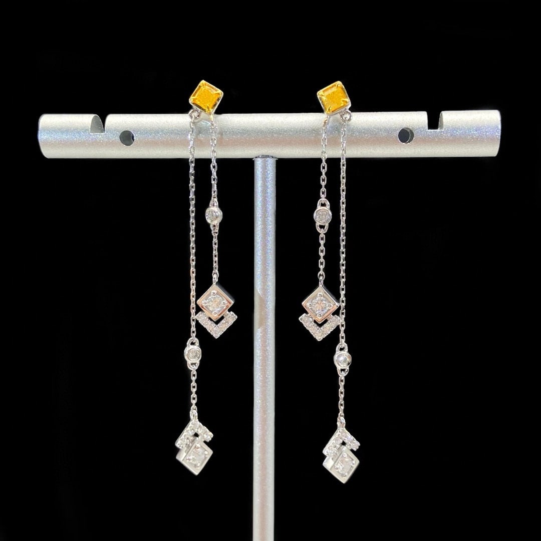 14k Gold 0.56 Ctw Natural Yellow Diamond & Diamond Earrings: Ref:230972182 // gold content:14k gold // main gemstone:yellow diamond // shape:cushion // carat weight:0. 22ct // color:yellow // treatment:natural // // adjacent gemstone 2 : diamond // shape:round