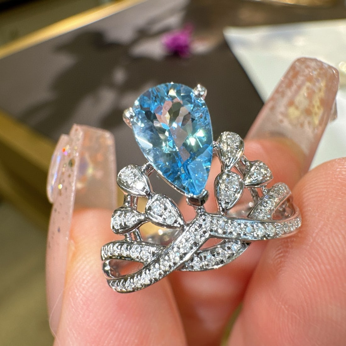 14k Gold 0.75 Ct Natural Aquamarine & Diamond Ring - 2