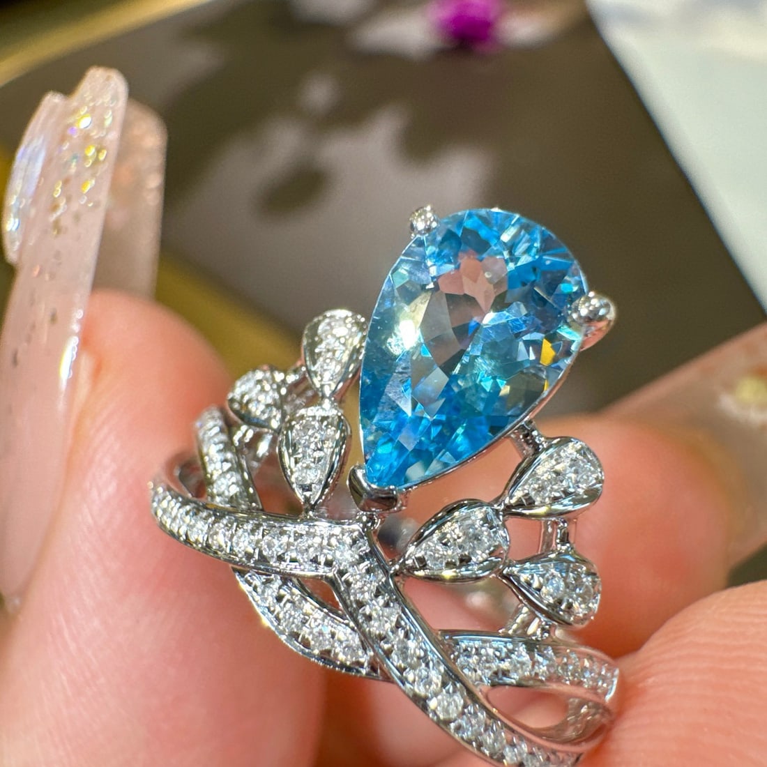 14k Gold 0.75 Ct Natural Aquamarine & Diamond Ring - 4