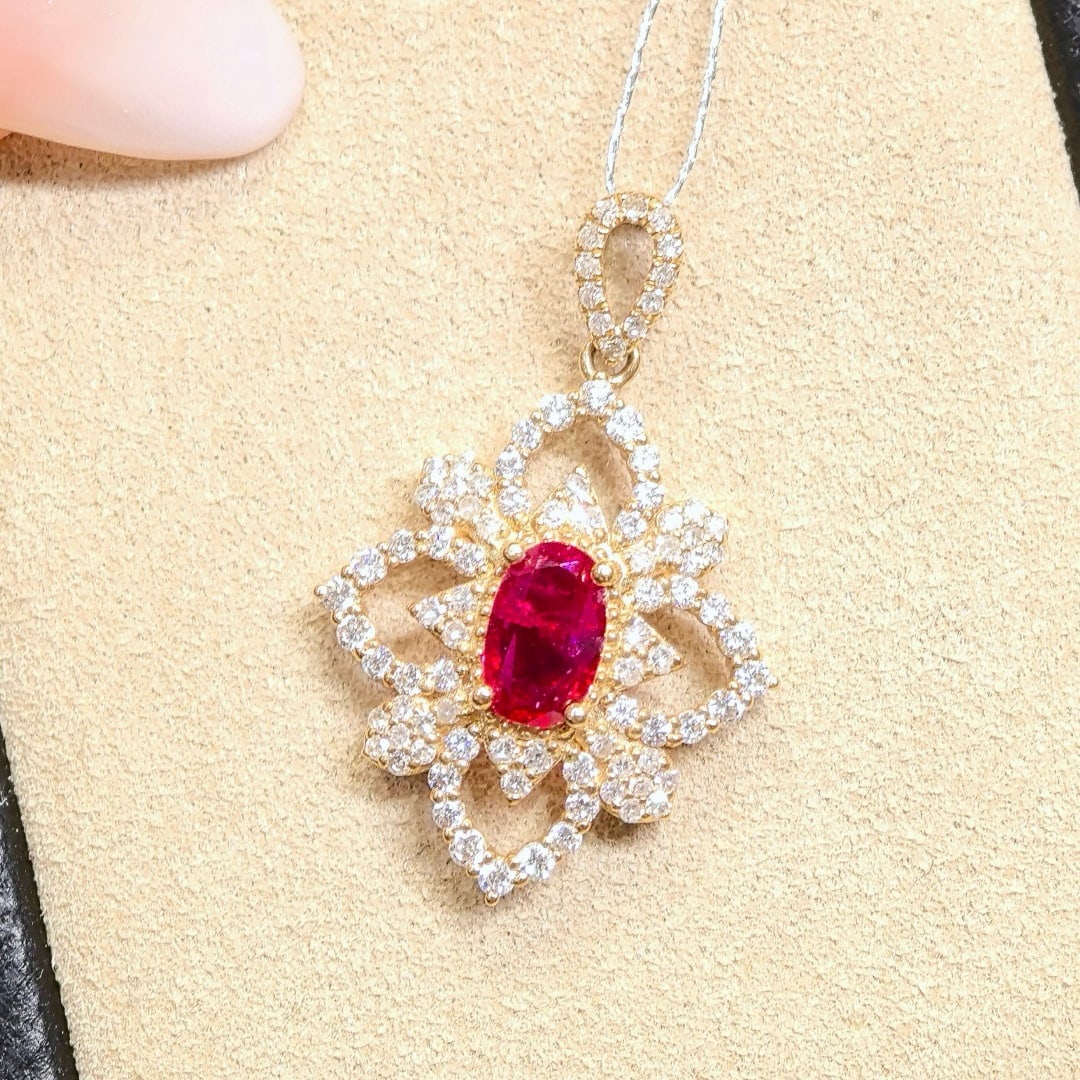 14k Gold 1.61 Ctw Natural Ruby & Diamond Pendant( Without Chain ): Ref:230972238 // gold content:14k gold // main gemstone:ruby // shape:oval // carat weight:0. 81ct // color:pigeonblood red // treatment:natural // // adjacent gemstone 2 : diamond // shape:round // c