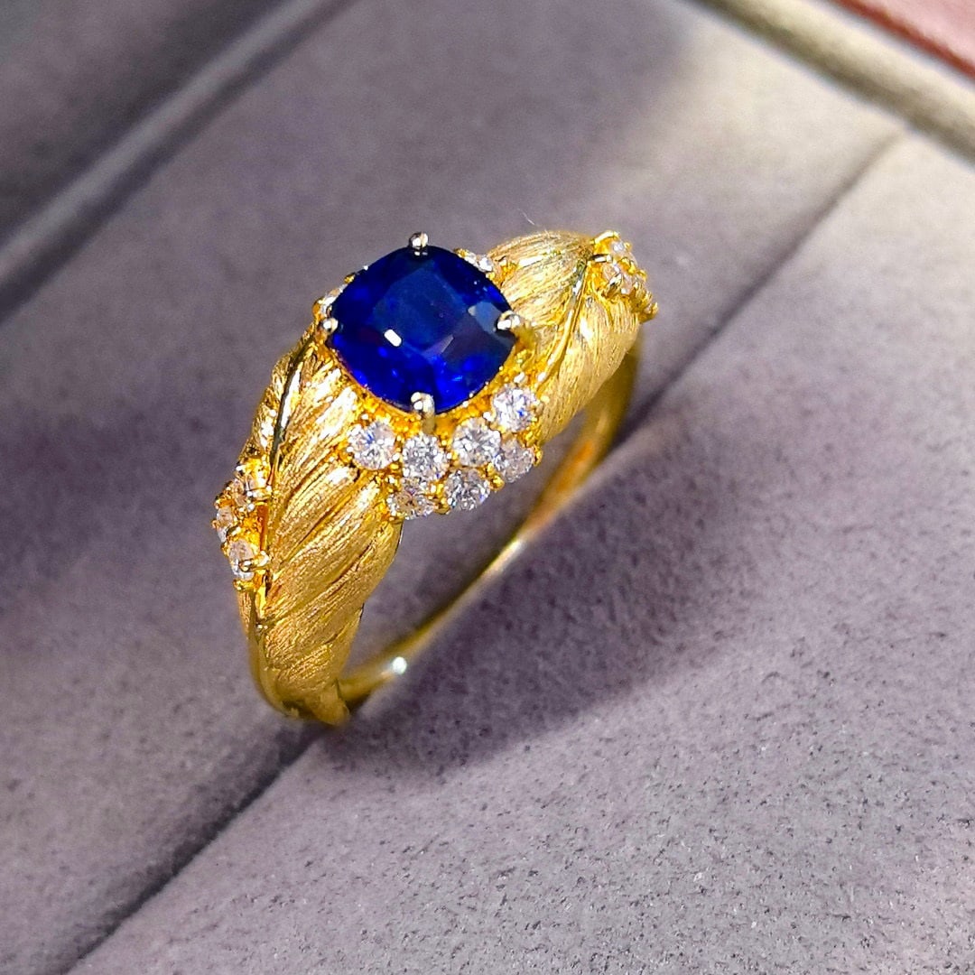 14k Gold 1.41 Ctw Natural Sapphire & Diamond Ring: Ref:230972315 // gold content:14k gold // ring size:7. 25us // // main gemstone:sapphire // shape:cushion // carat weight:1. 02ct // color:royal blue // treatment:natural // // adjacent gemstone 2 :