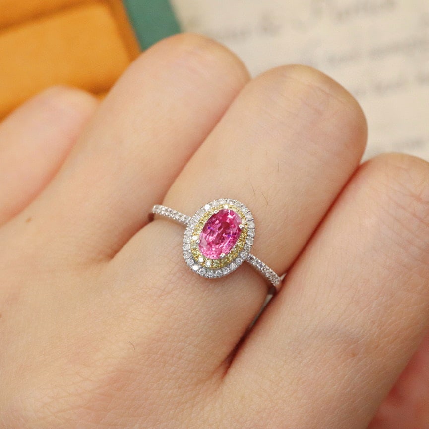 14k Gold 0.89 Ctw Natural Padparadscha Sapphire & Diamond Ring - 5