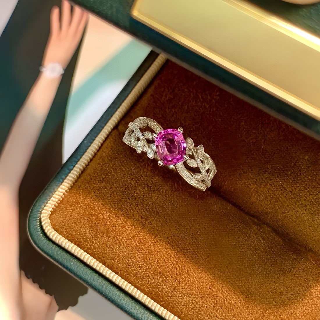 14k Gold 1.31 Ctw Natural Padparadscha Sapphire & Diamond Ring: Ref:230972322 // gold content:14k gold // ring size:7. 25us // // main gemstone:padparadscha sapphire // shape:cushion // carat weight:1. 11ct // color:orangish pink // treatment:natural // //